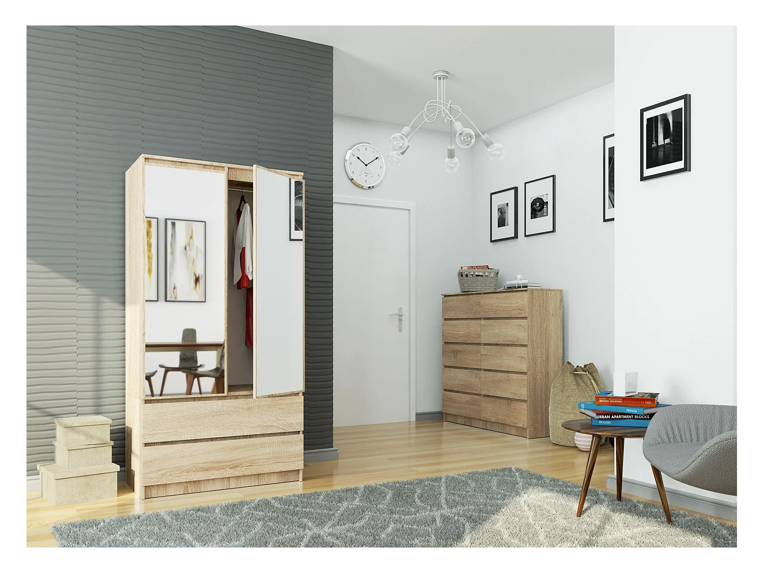 Armoire AKORD S90 avec miroir Chêne Sonoma 90 cm 2 portes 2 tiroirs façade Chêne Sonoma 4 étagères 90x51x180 cm