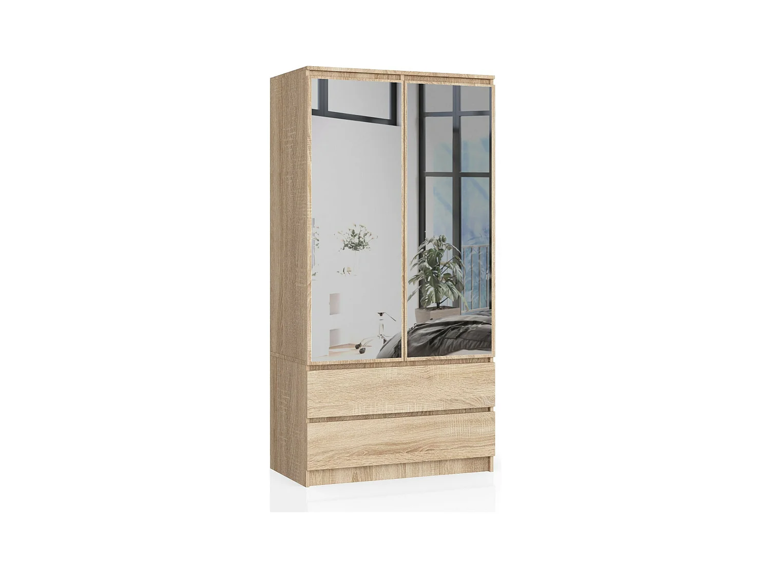 Armoire AKORD S90 avec miroir Chêne Sonoma 90 cm 2 portes 2 tiroirs façade Chêne Sonoma 4 étagères 90x51x180 cm