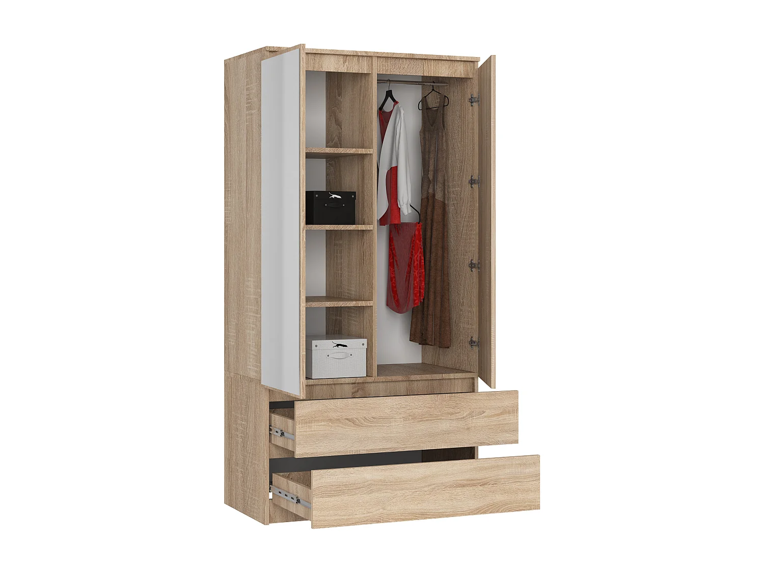 Szafa AKORD S90 Dąb Sonoma 90 cm z lustrem 2 drzwi 2 szuflady kolor Dąb Sonoma mat 4 półki 90x51x180 cm
