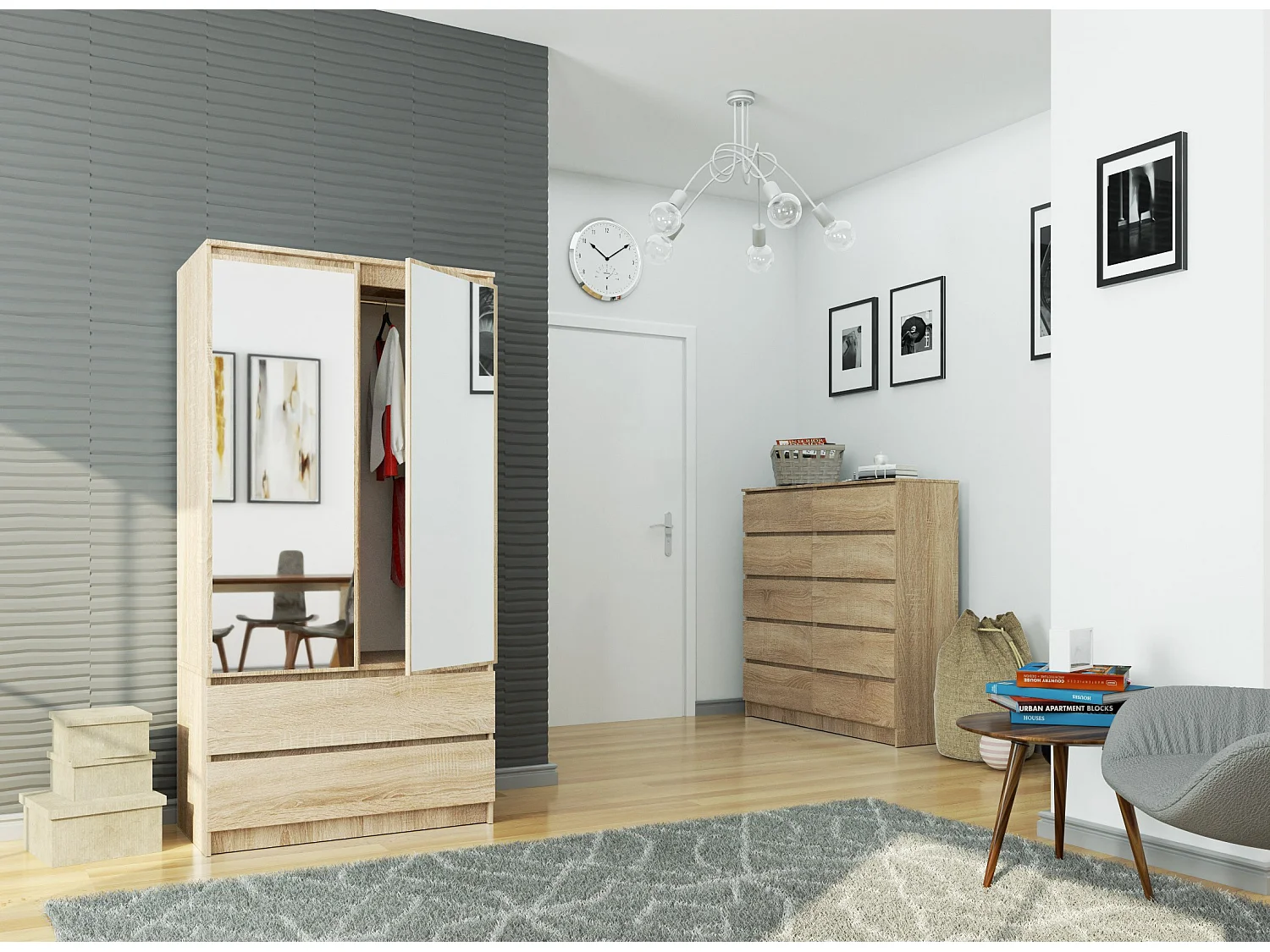 Szafa AKORD S90 Dąb Sonoma 90 cm z lustrem 2 drzwi 2 szuflady kolor Dąb Sonoma mat 4 półki 90x51x180 cm