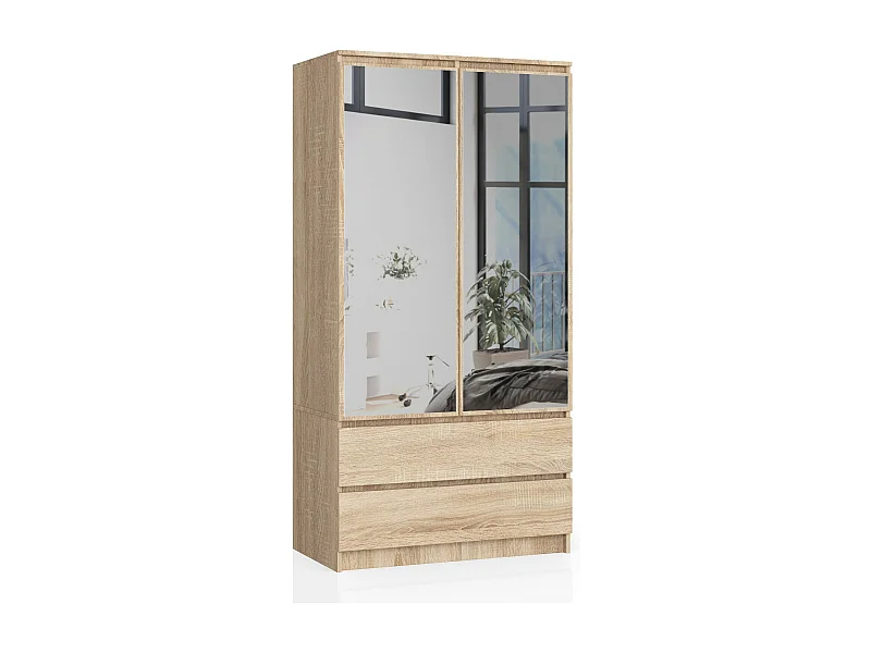 Armoire AKORD S90 avec miroir Chêne Sonoma 90 cm 2 portes 2 tiroirs façade Chêne Sonoma 4 étagères 90x51x180 cm