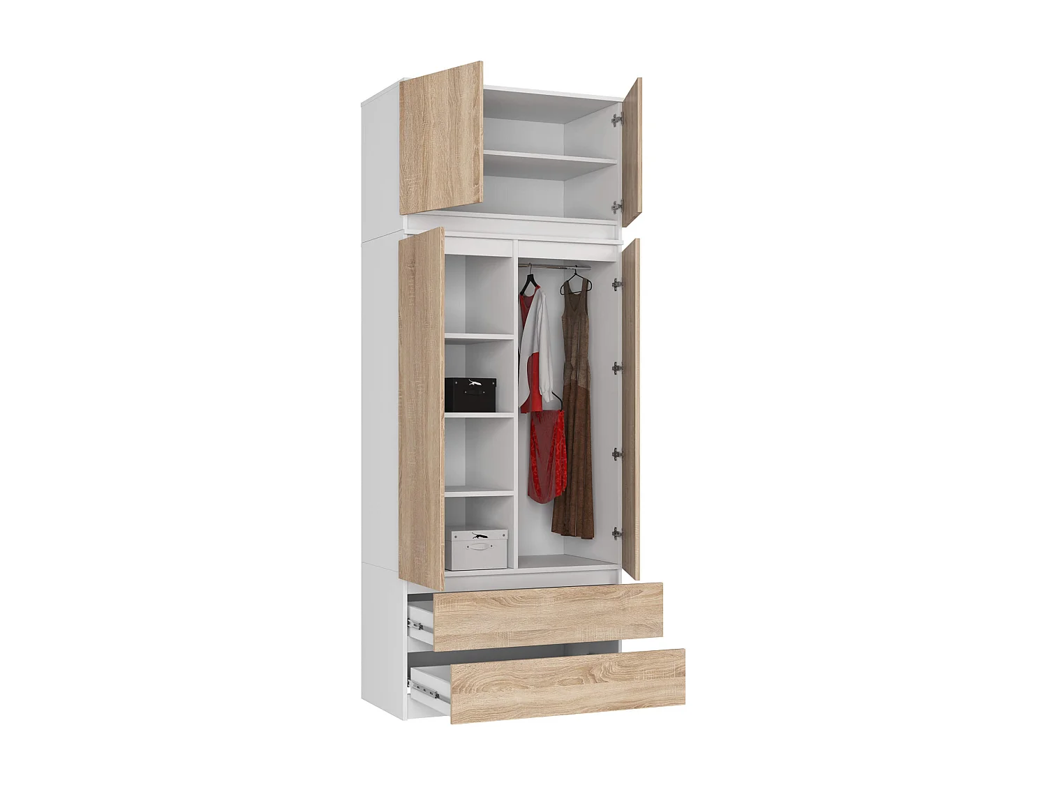 Armoire avec surmeuble AKORD S90 Blanche 90 cm 2 portes 2 tiroirs façade Chêne Sonoma 6 étagères 90x51x234 cm