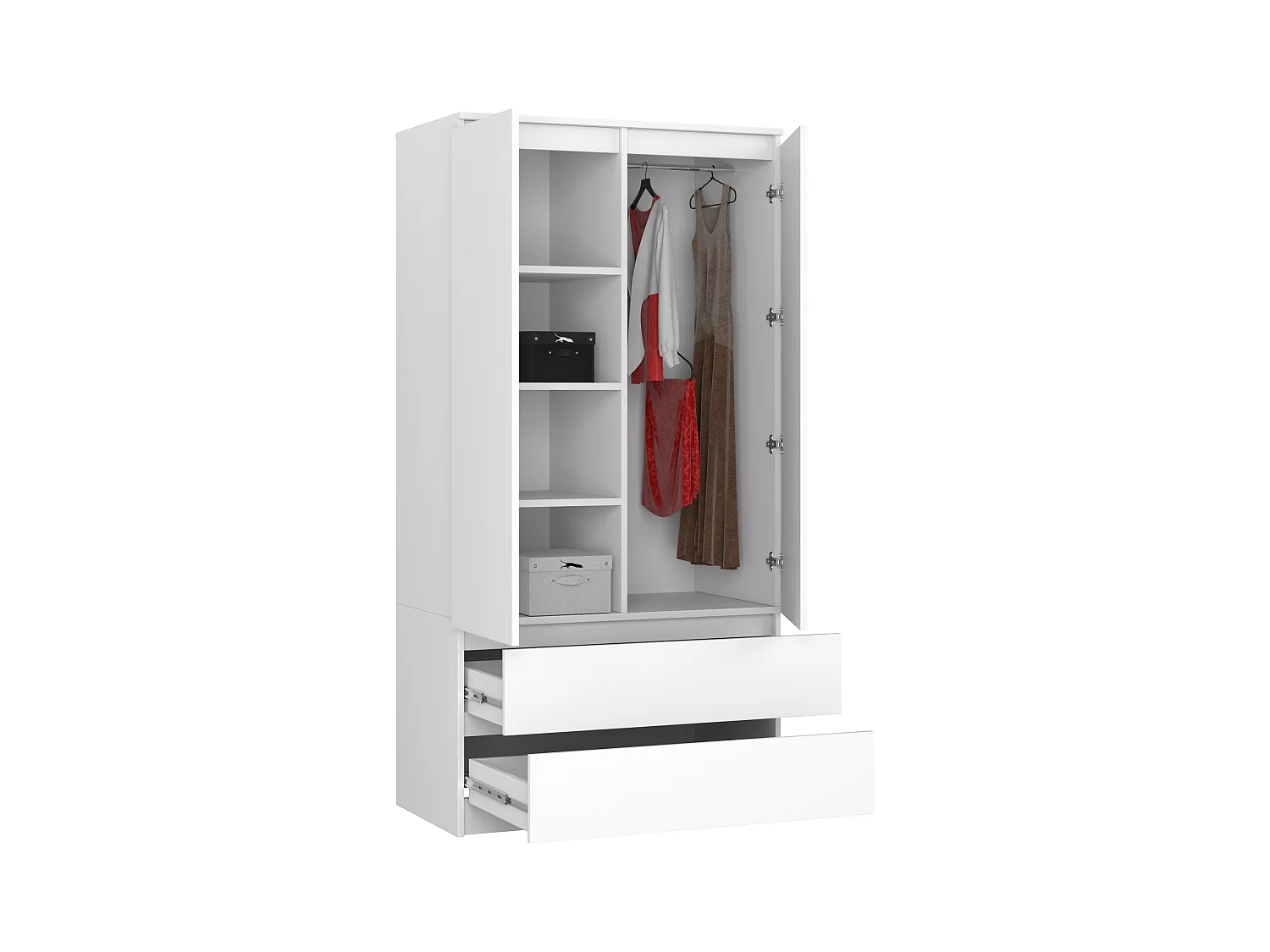 Armoire AKORD S90 Blanche 90 cm 2 portes 2 tiroirs façade Blanche 4 étagères 90x51x180 cm