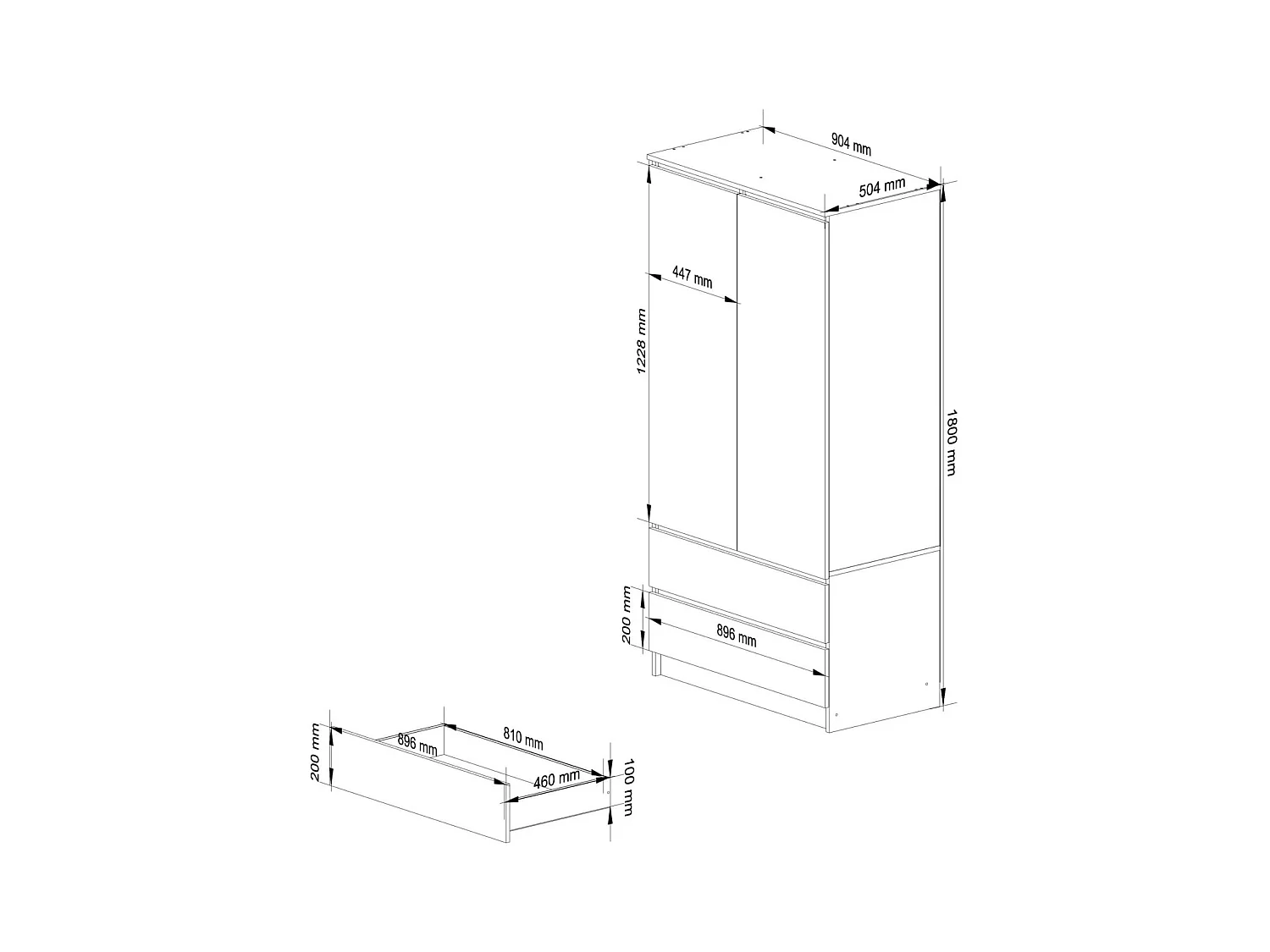 Kleiderschrank AKORD S90 Weiß 90 cm 2 Türen 2 Schubladen 4 Ebenen B90 x H180 x T51 cm