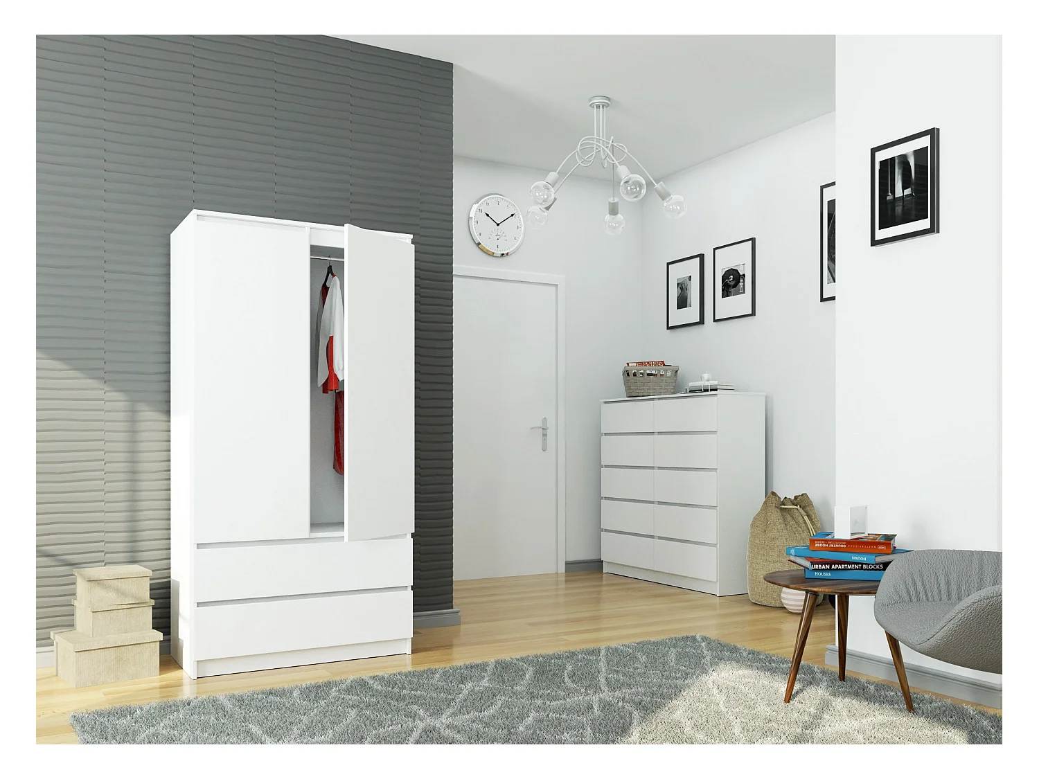 Kleiderschrank AKORD S90 Weiß 90 cm 2 Türen 2 Schubladen 4 Ebenen B90 x H180 x T51 cm