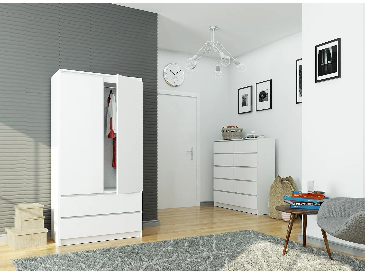 Armoire AKORD S90 Blanche 90 cm 2 portes 2 tiroirs façade Blanche 4 étagères 90x51x180 cm