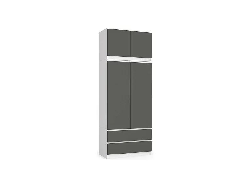Kleiderschrank AKORD S90 mit Aufsatz Weiß 90 cm 2 Türen 2 Schubladen 6 Ebenen Front Graphitgrau B90 x H234 x T51 cm