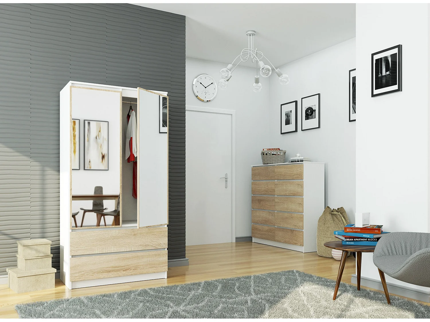 Szafa AKORD S90 Biała 90 cm z lustrem 2 drzwi 2 szuflady kolor Dąb Sonoma mat 4 półki 90x51x180 cm