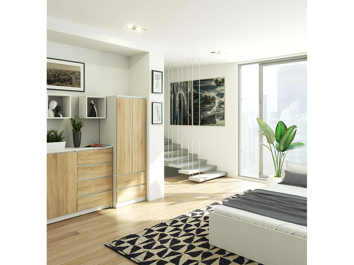 Armoire AKORD S60 Blanche 60 cm 2 portes 2 tiroirs façade Chêne Sonoma 1 étagère 60x51x180 cm