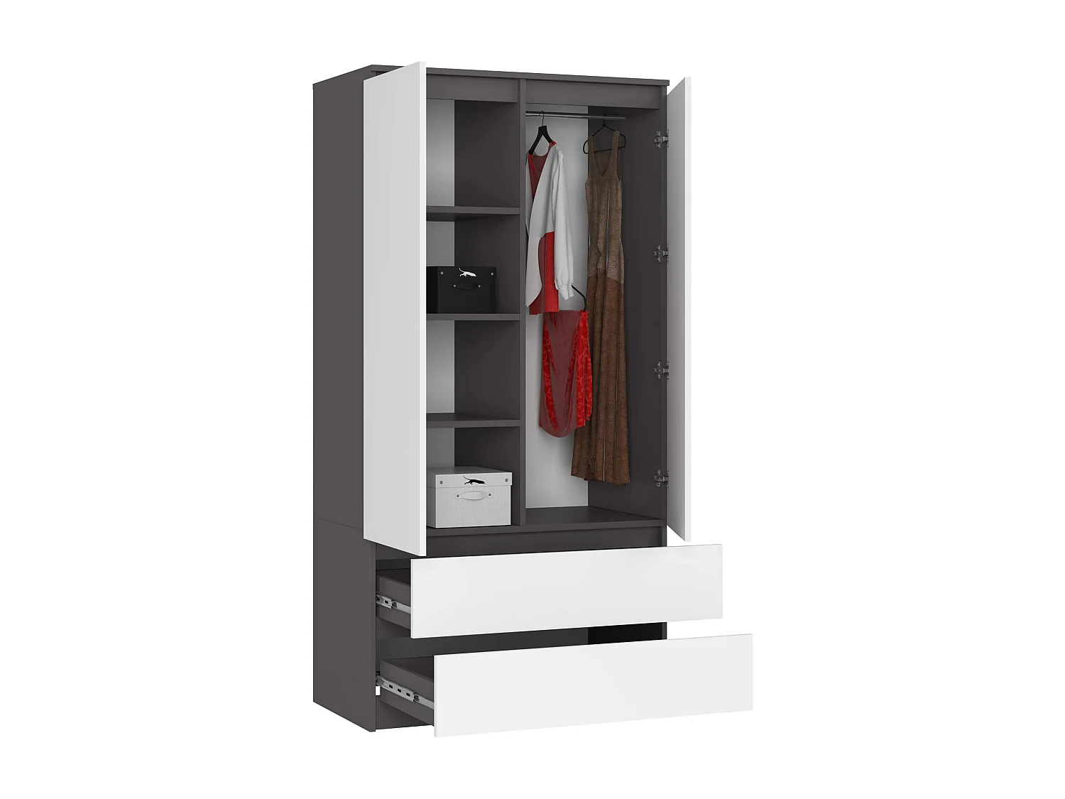 Armoire AKORD S90 Gris Graphite 90 cm 2 portes 2 tiroirs façade Blanche 4 étagères 90x51x180 cm