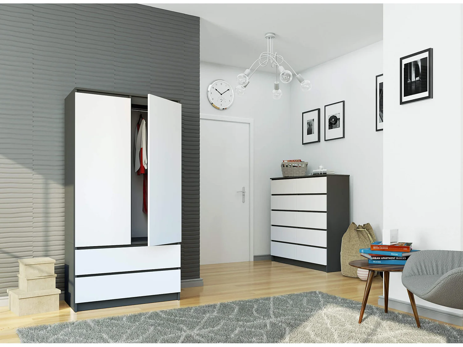 Armoire AKORD S90 Gris Graphite 90 cm 2 portes 2 tiroirs façade Blanche 4 étagères 90x51x180 cm