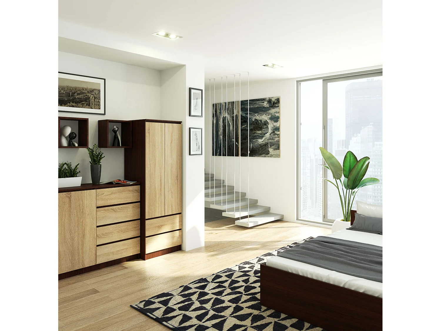 Armoire AKORD S60 Wengé 60 cm 2 portes 2 tiroirs façade Chêne Sonoma 1 étagère 60x51x180 cm