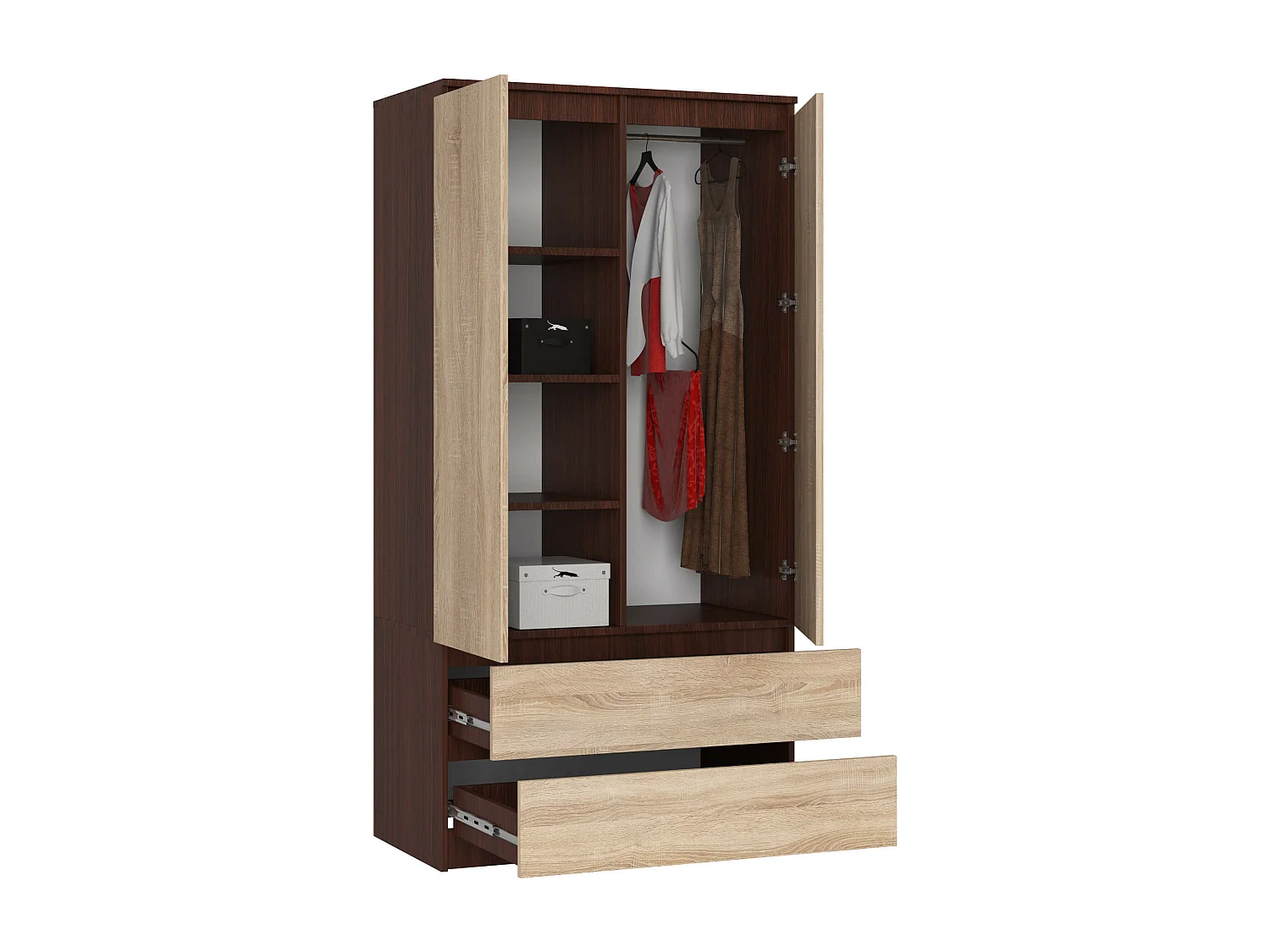 Armario AKORD S90 Wenge 90 cm 2 puertas 2 cajones frente en color Roble Sonoma 4 estantes 90x51x180 cm