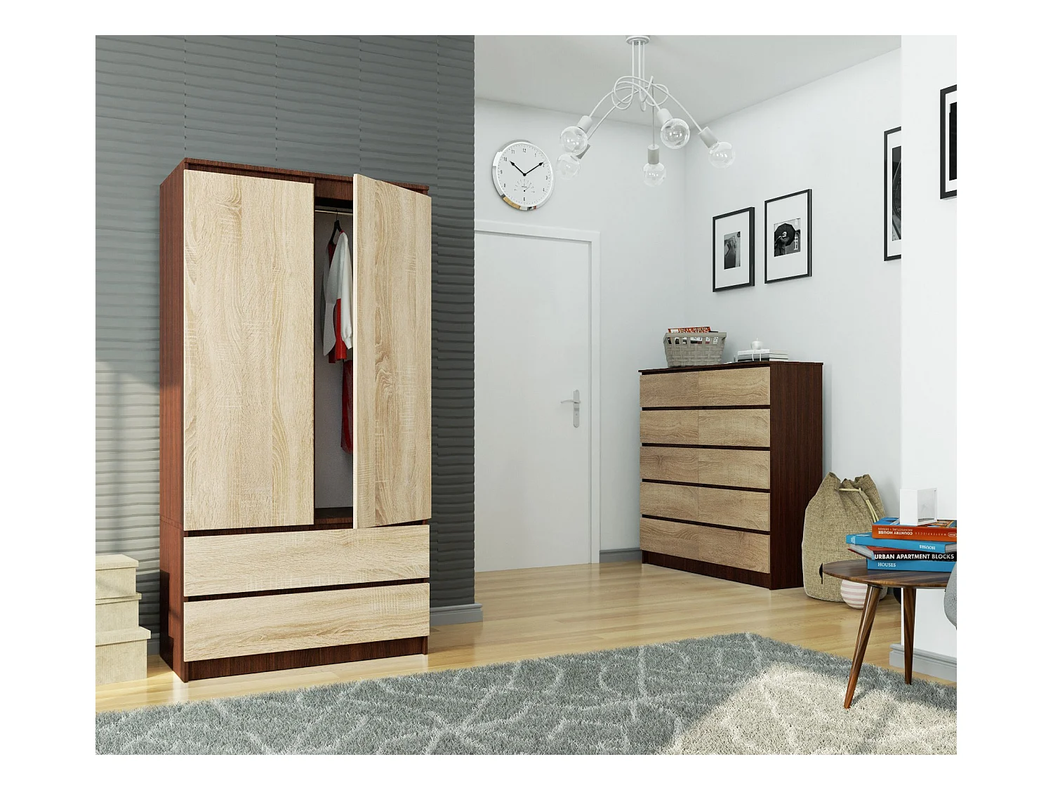 Armario AKORD S90 Wenge 90 cm 2 puertas 2 cajones frente en color Roble Sonoma 4 estantes 90x51x180 cm