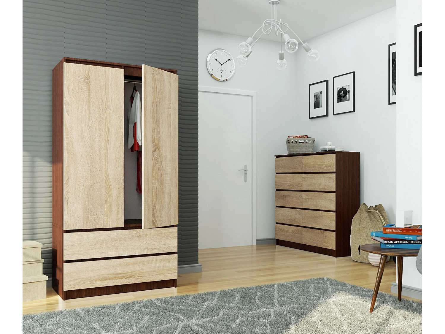 Armoire AKORD S90 Wengé 90 cm 2 portes 2 tiroirs façade Chêne Sonoma 4 étagères 90x51x180 cm