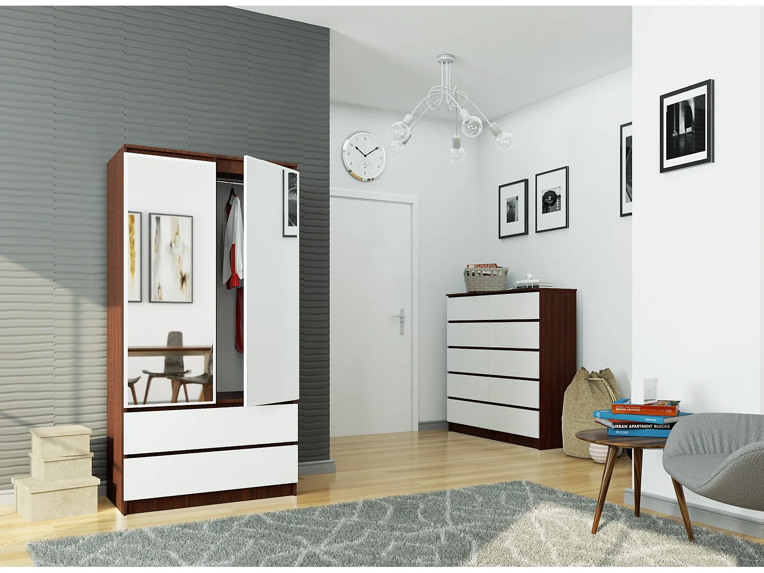 Kledingkast S90 met Spiegel 2 Deuren en 2 Lades / AKORD Furniture Factory / Venge - Wit / 90 x 180 x 51 cm