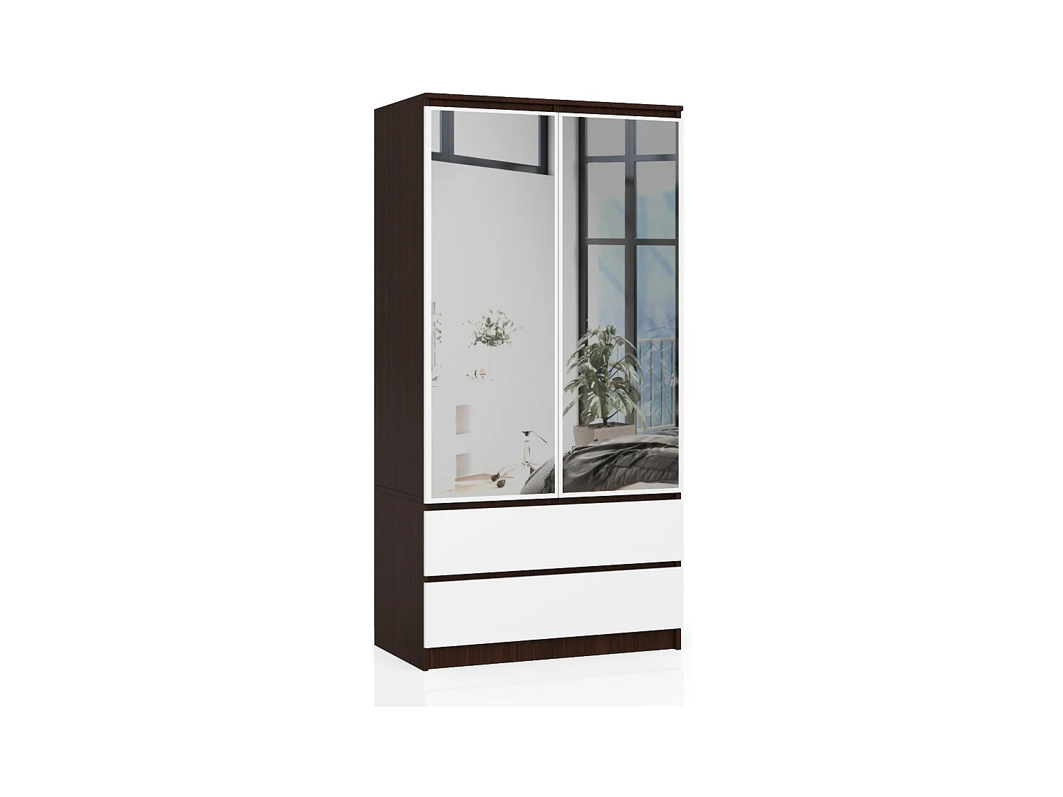 Armoire AKORD S90 avec miroir Wengé 90 cm 2 portes 2 tiroirs façade Blanche 4 étagères 90x51x180 cm
