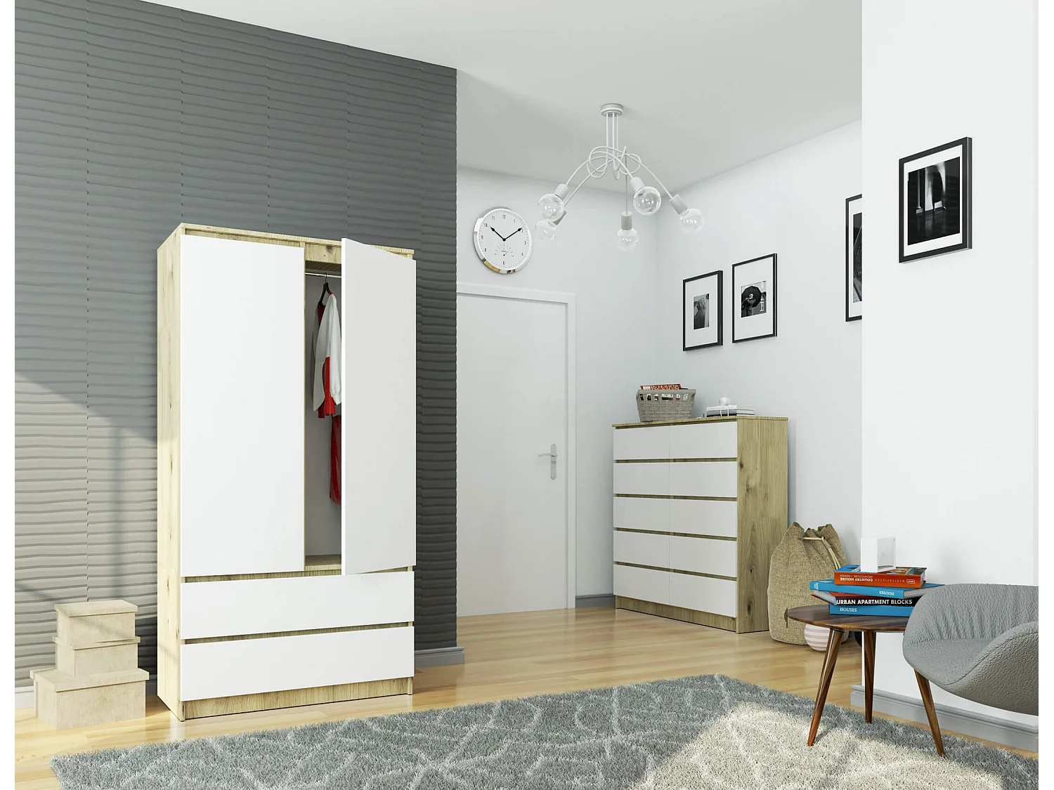 Armadio AKORD S90 Quercia Artisan 90 cm 2 ante 2 cassetti inserto frontale Bianco 90x51x180 cm