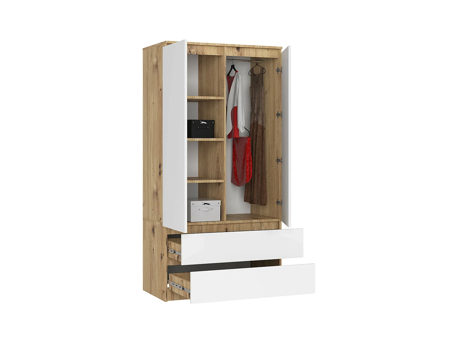 Kleiderschrank AKORD S90 Eiche Artisan 90 cm 2 Türen 2 Schubladen 4 Ebenen Front Weiß B90 x H180 x T51 cm