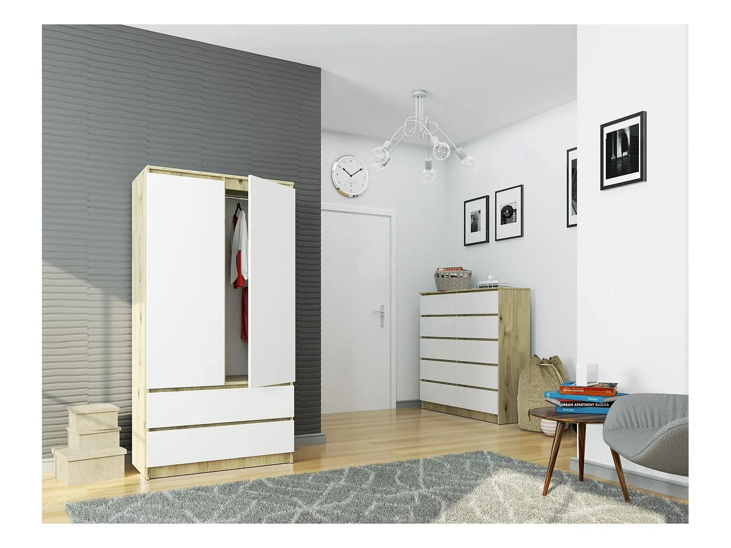 Kleiderschrank AKORD S90 Eiche Artisan 90 cm 2 Türen 2 Schubladen 4 Ebenen Front Weiß B90 x H180 x T51 cm