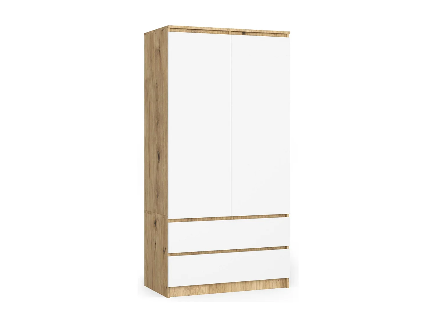 Armoire AKORD S90 Chêne Artisan 90 cm 2 portes 2 tiroirs façade Blanche 4 étagères 90x51x180 cm