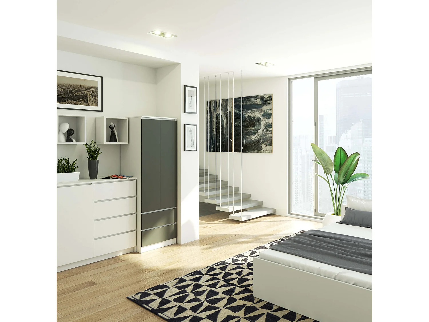 Armoire AKORD S60 Blanche 60 cm 2 portes 2 tiroirs façade Gris Graphite 1 étagère 60x51x180 cm