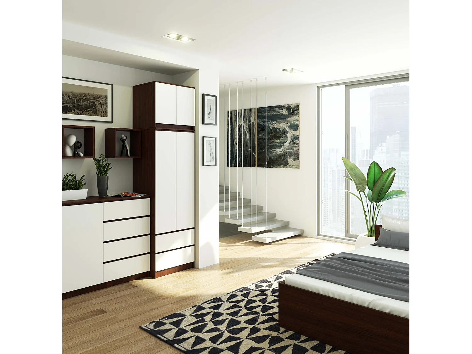 Armoire avec surmeuble AKORD S60 Wengé 60 cm 2 portes 2 tiroirs façade Blanche 3 étagères 60x51x234 cm