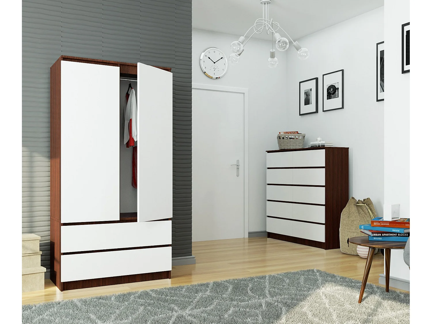 Armoire AKORD S90 Wengé 90 cm 2 portes 2 tiroirs façade Blanche 4 étagères 90x51x180 cm