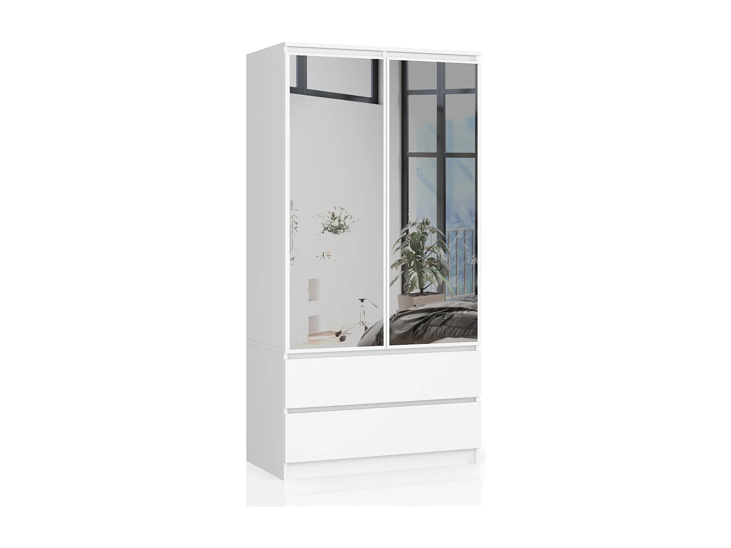 Armoire AKORD S90 avec miroir Blanche 90 cm 2 portes 2 tiroirs façade Blanche 4 étagères 90x51x180 cm