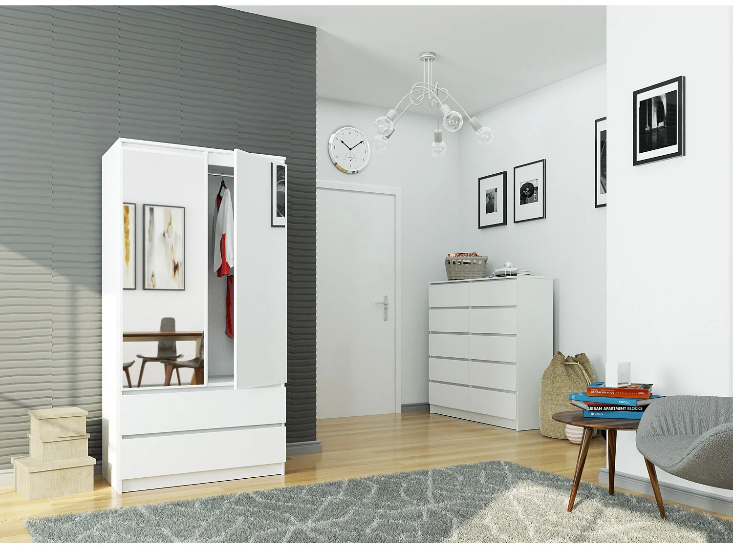 Armoire AKORD S90 avec miroir Blanche 90 cm 2 portes 2 tiroirs façade Blanche 4 étagères 90x51x180 cm