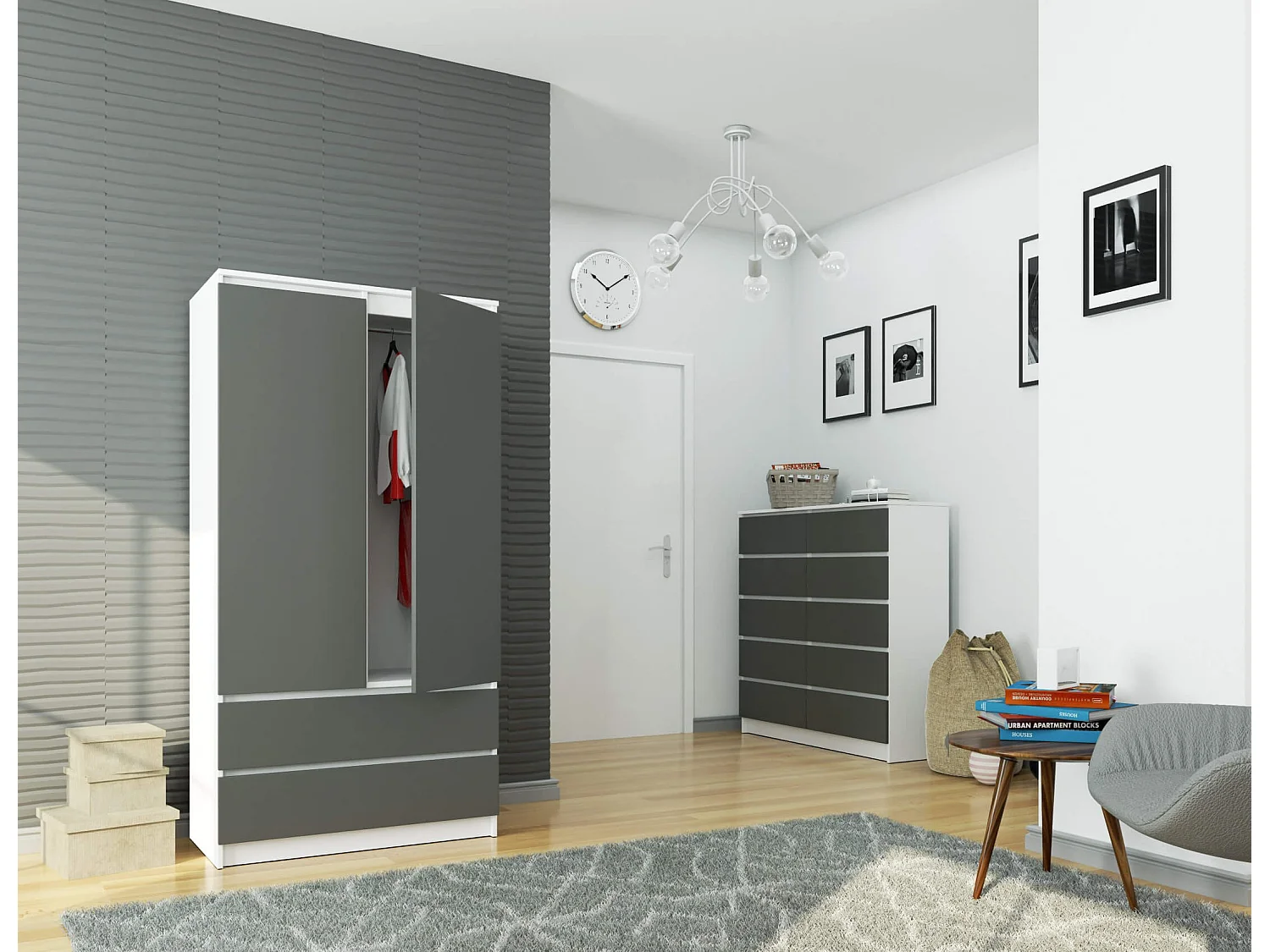 Kleiderschrank AKORD S90 Weiß 90 cm 2 Türen 2 Schubladen 4 Ebenen Front Graphitgrau B90 x H180 x T51 cm