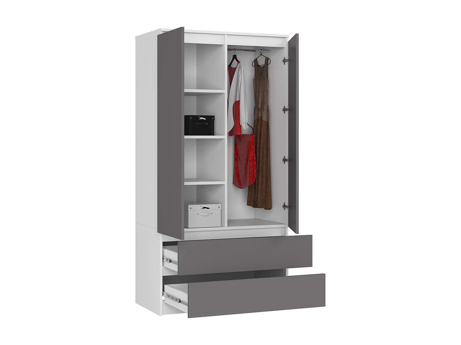 Armoire AKORD S90 Blanche 90 cm 2 portes 2 tiroirs façade Gris Graphite 4 étagères 90x51x180 cm