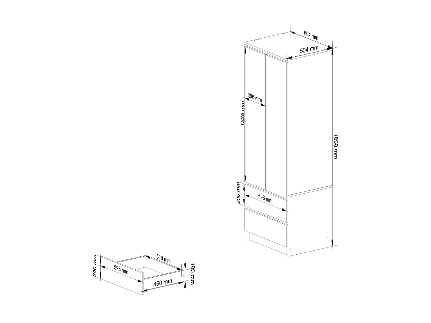 Armoire AKORD S60 Blanche 60 cm 2 portes 2 tiroirs façade Blanche Brillante 1 étagère 60x51x180 cm