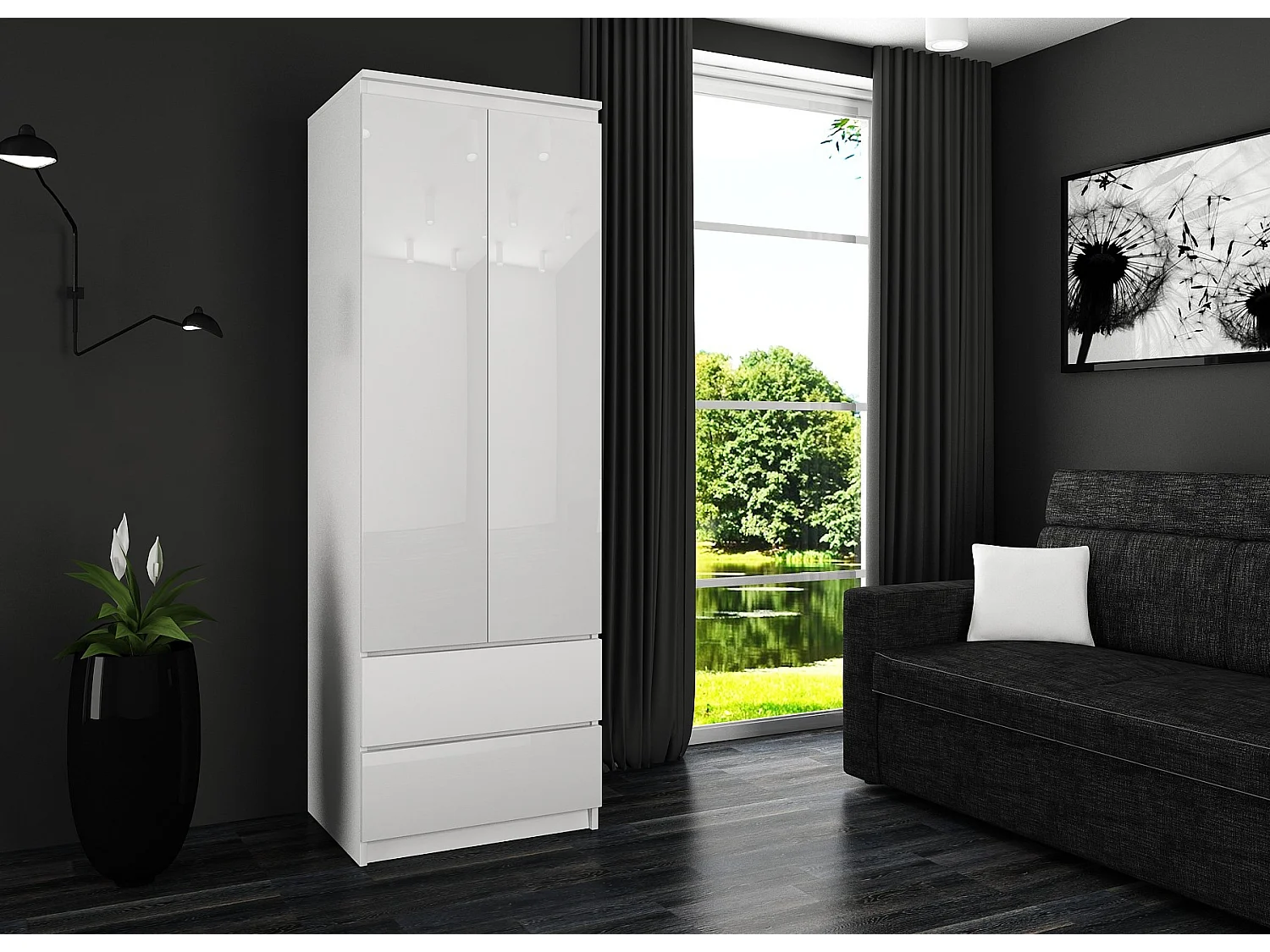 Armoire AKORD S60 Blanche 60 cm 2 portes 2 tiroirs façade Blanche Brillante 1 étagère 60x51x180 cm