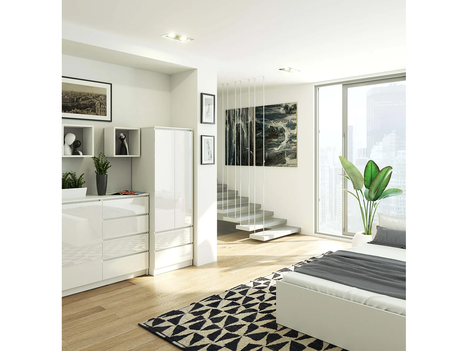 Armoire AKORD S60 Blanche 60 cm 2 portes 2 tiroirs façade Blanche Brillante 1 étagère 60x51x180 cm