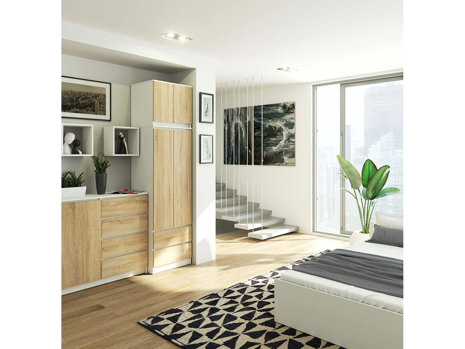 Kleiderschrank AKORD S60 mit Aufsatz Weiß 60 cm 2 Türen 2 Schubladen 3 Ebenen Front Sonoma-Eiche B60 x H234 x T51 cm