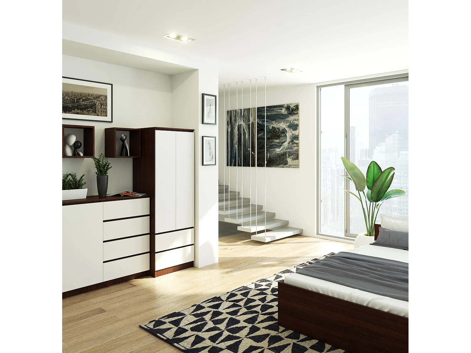 Armoire AKORD S60 Wengé 60 cm 2 portes 2 tiroirs façade Blanche 1 étagère 60x51x180 cm