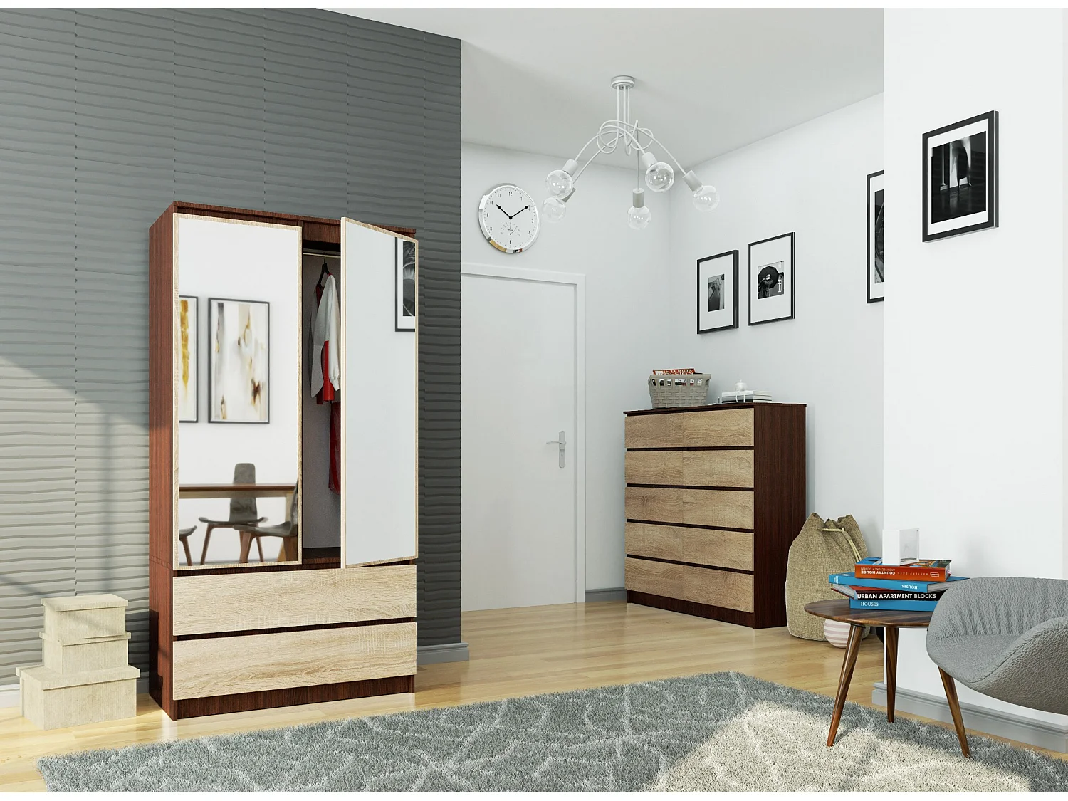 Kledingkast S90 met Spiegel 2 Deuren en 2 Lades / AKORD Furniture Factory / Venge - Sonoma Eik / 90 x 180 x 51 cm