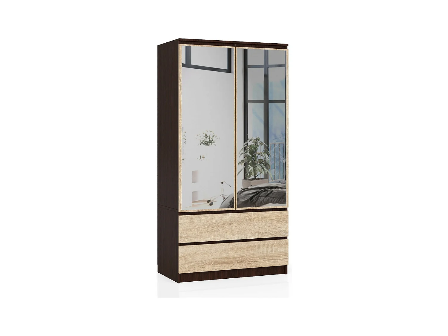 Armoire AKORD S90 avec miroir Wengé 90 cm 2 portes 2 tiroirs façade Chêne Sonoma 4 étagères 90x51x180 cm