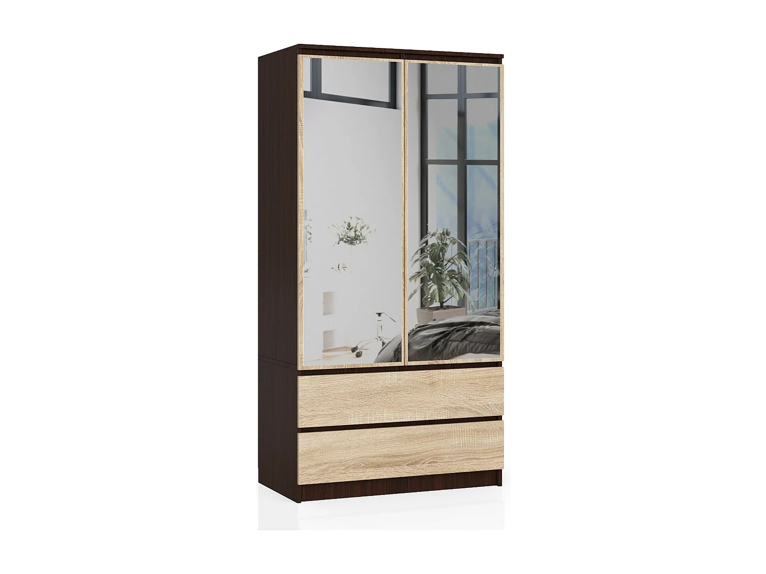 Armoire AKORD S90 avec miroir Wengé 90 cm 2 portes 2 tiroirs façade Chêne Sonoma 4 étagères 90x51x180 cm