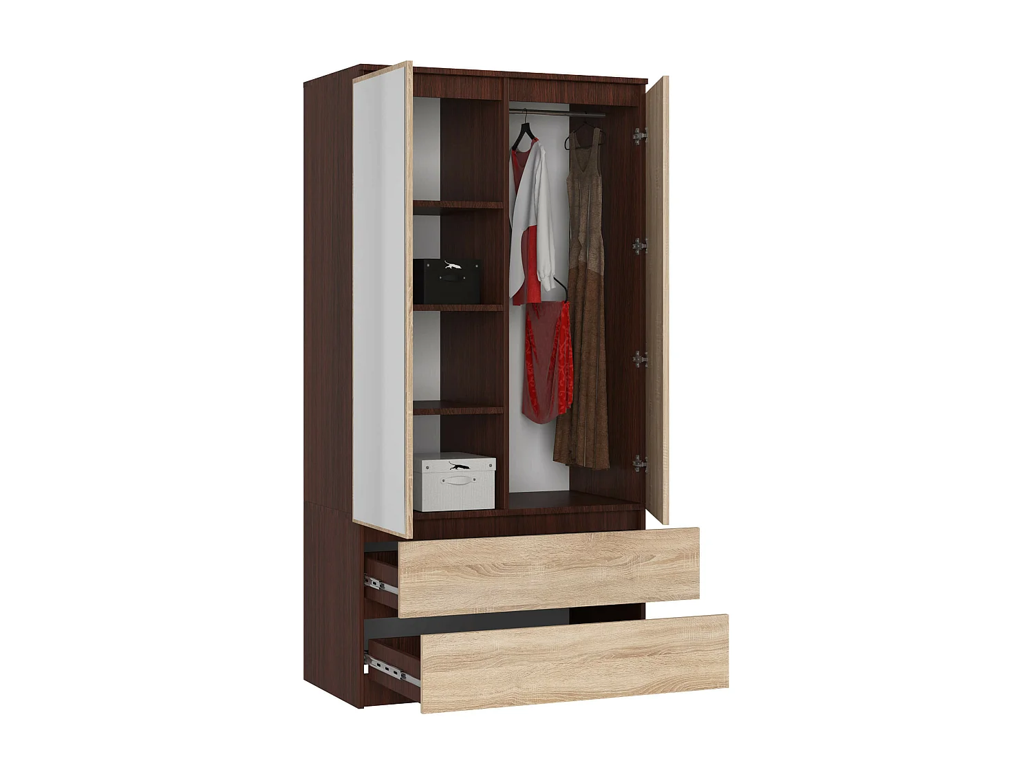 Armoire AKORD S90 avec miroir Wengé 90 cm 2 portes 2 tiroirs façade Chêne Sonoma 4 étagères 90x51x180 cm
