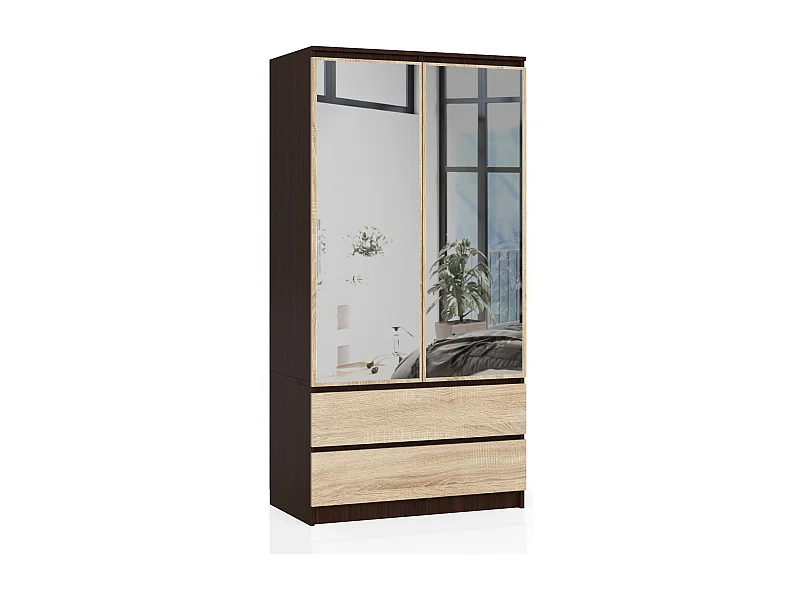 Armoire AKORD S90 avec miroir Wengé 90 cm 2 portes 2 tiroirs façade Chêne Sonoma 4 étagères 90x51x180 cm
