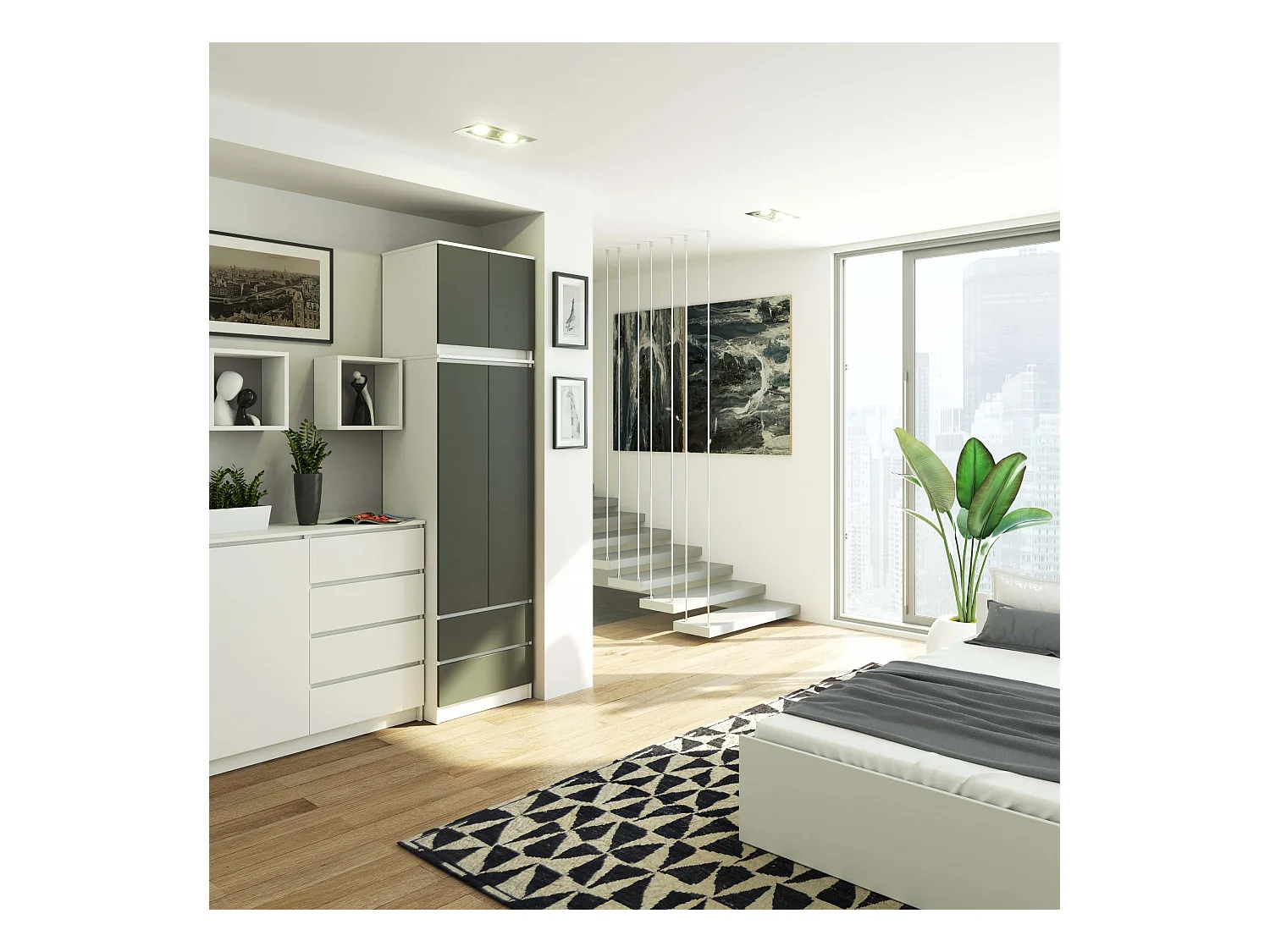 Kleiderschrank AKORD S60 mit Aufsatz Weiß 60 cm 2 Türen 2 Schubladen 3 Ebenen Front Graphitgrau B60 x H234 x T51 cm