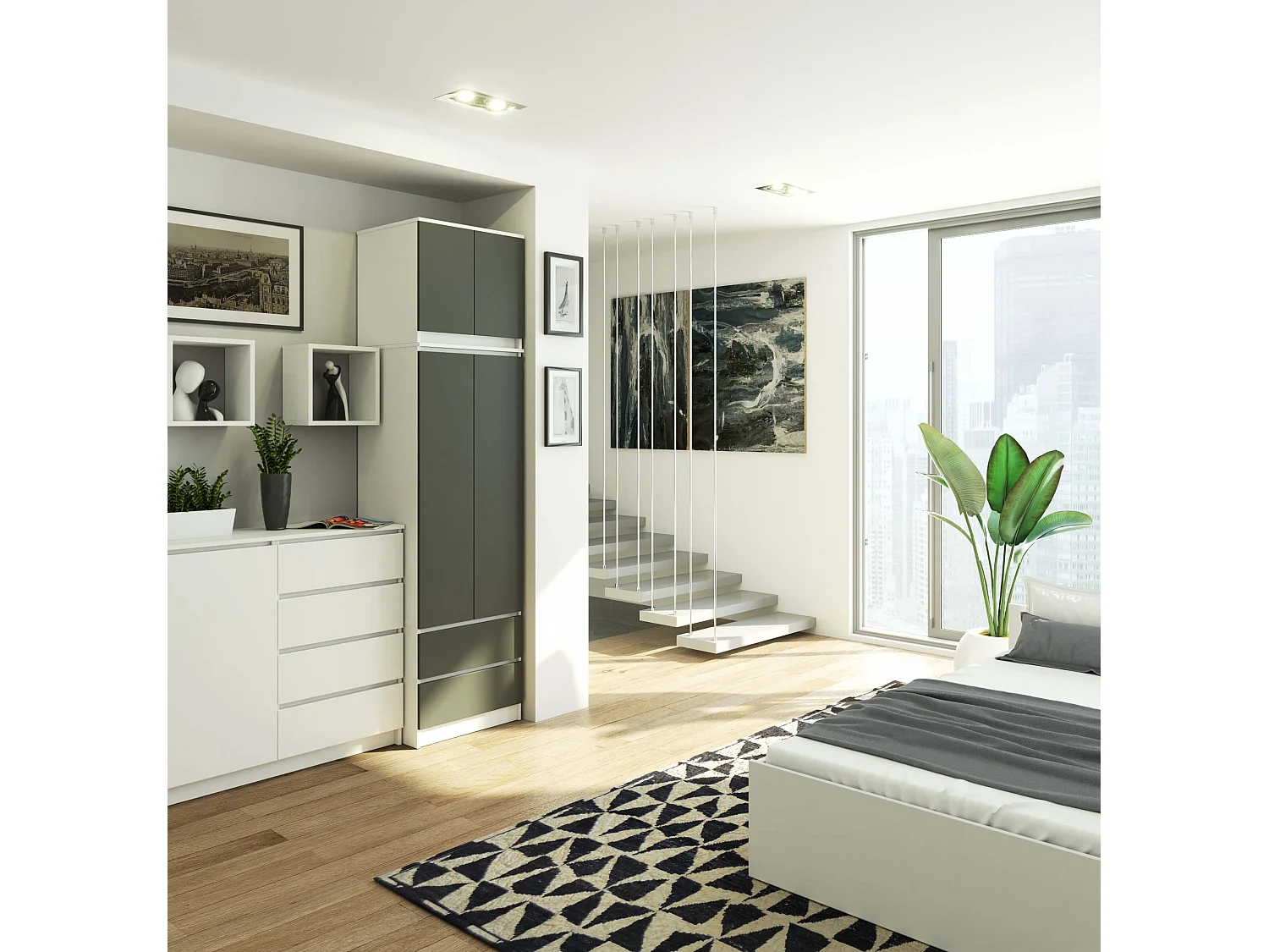 Armoire avec surmeuble AKORD S60 Blanche 60 cm 2 portes 2 tiroirs façade Gris Graphite 3 étagères 60x51x234 cm