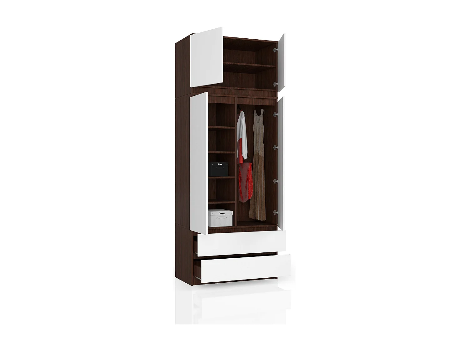 Armoire avec surmeuble AKORD S90 Wengé 90 cm 2 portes 2 tiroirs façade Blanche 6 étagères 90x51x234 cm
