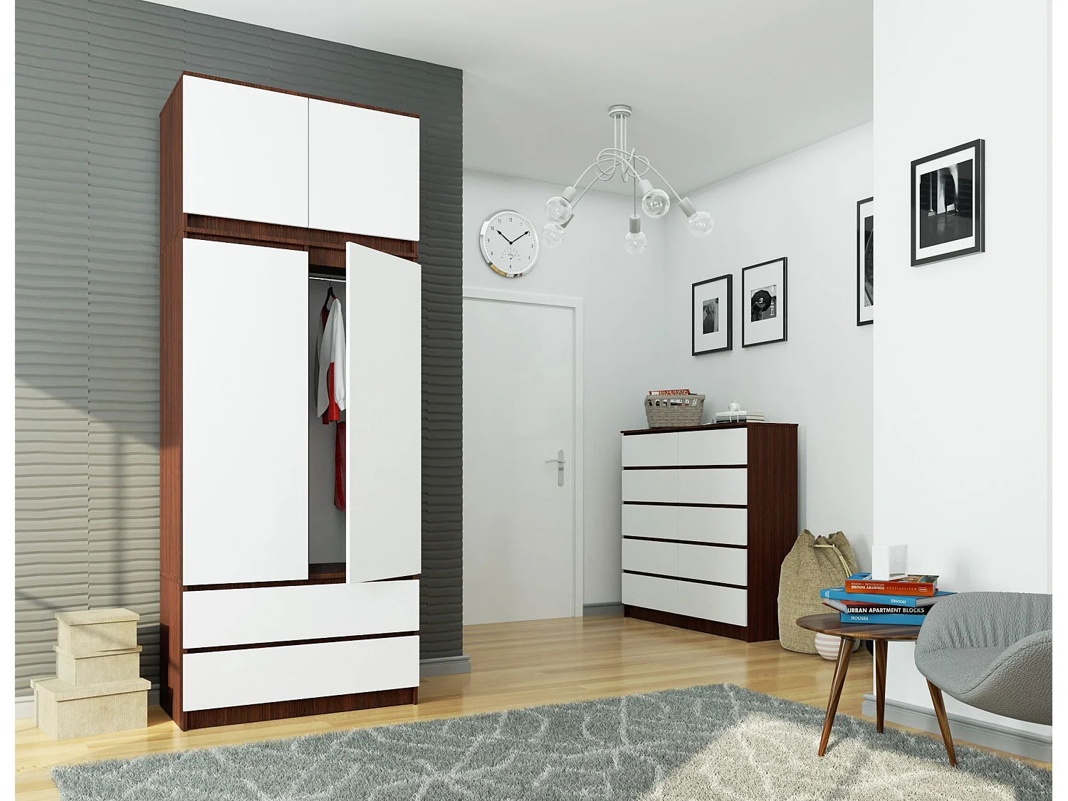 Armoire avec surmeuble AKORD S90 Wengé 90 cm 2 portes 2 tiroirs façade Blanche 6 étagères 90x51x234 cm