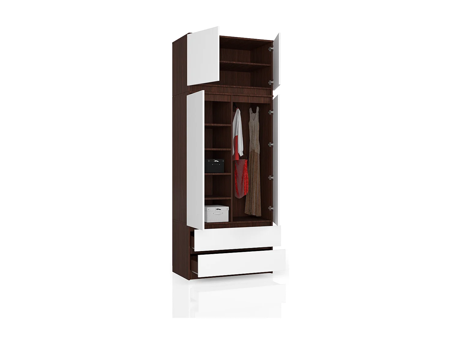 Armoire avec surmeuble AKORD S90 Wengé 90 cm 2 portes 2 tiroirs façade Blanche 6 étagères 90x51x234 cm