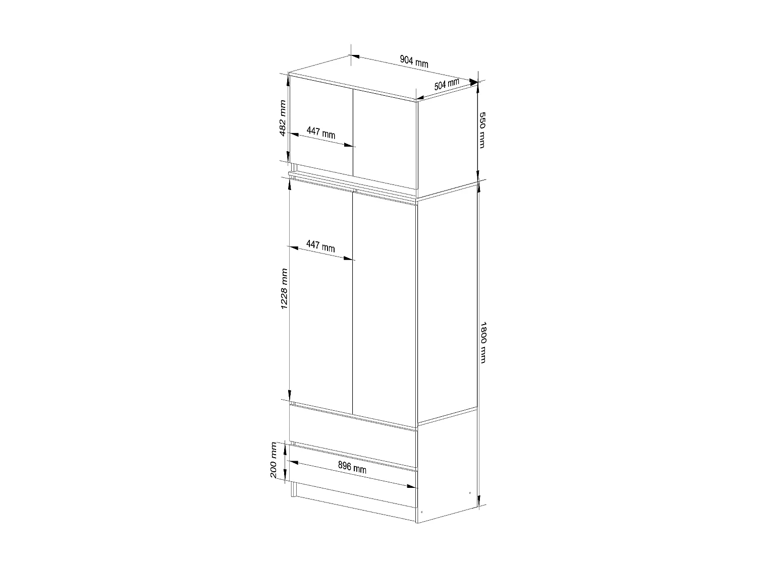 Armoire avec surmeuble AKORD S90 Wengé 90 cm 2 portes 2 tiroirs façade Blanche 6 étagères 90x51x234 cm