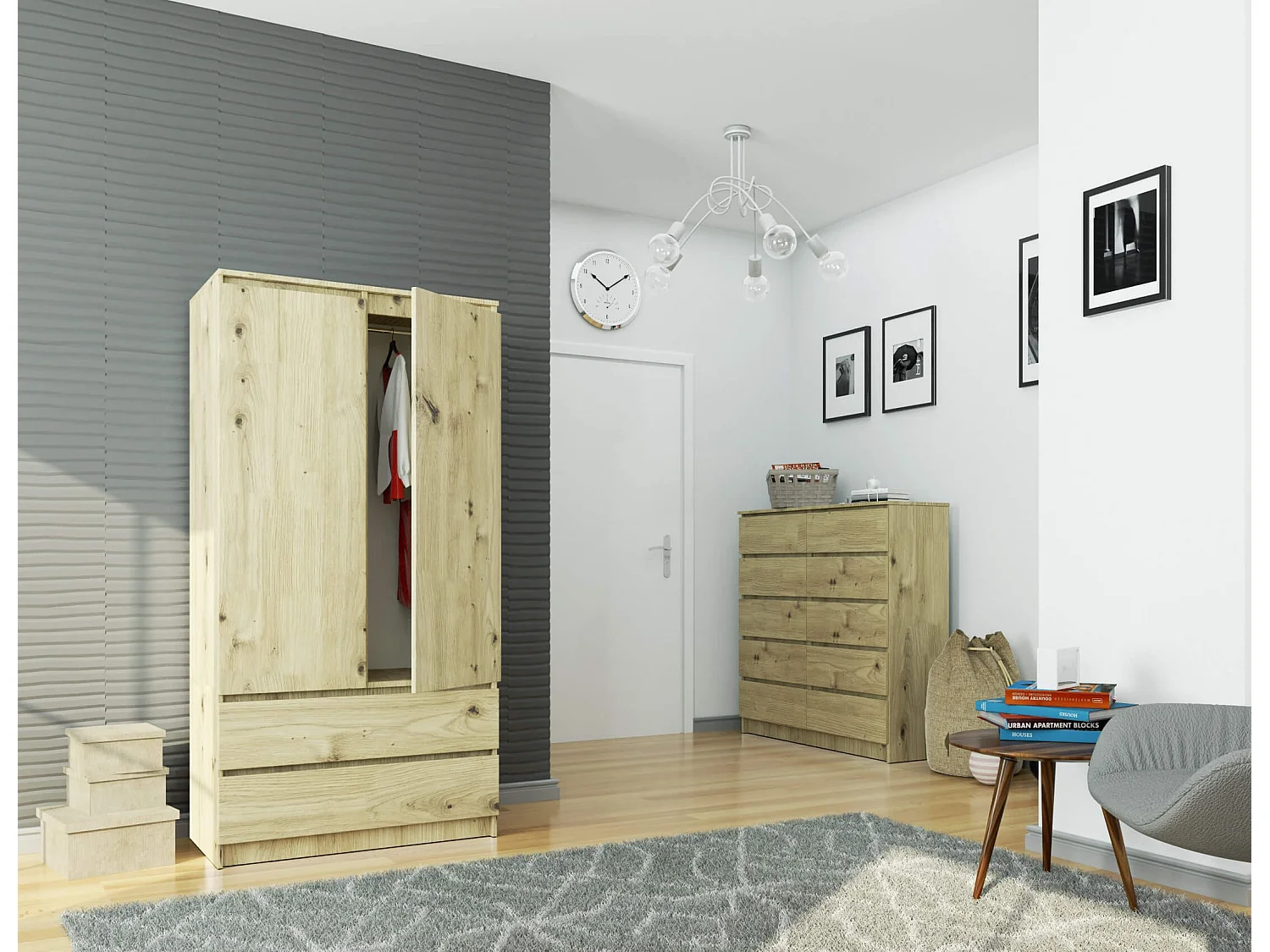 Kleiderschrank AKORD S90 Eiche Artisan 90 cm 2 Türen 2 Schubladen 4 Ebenen B90 x H180 x T51 cm