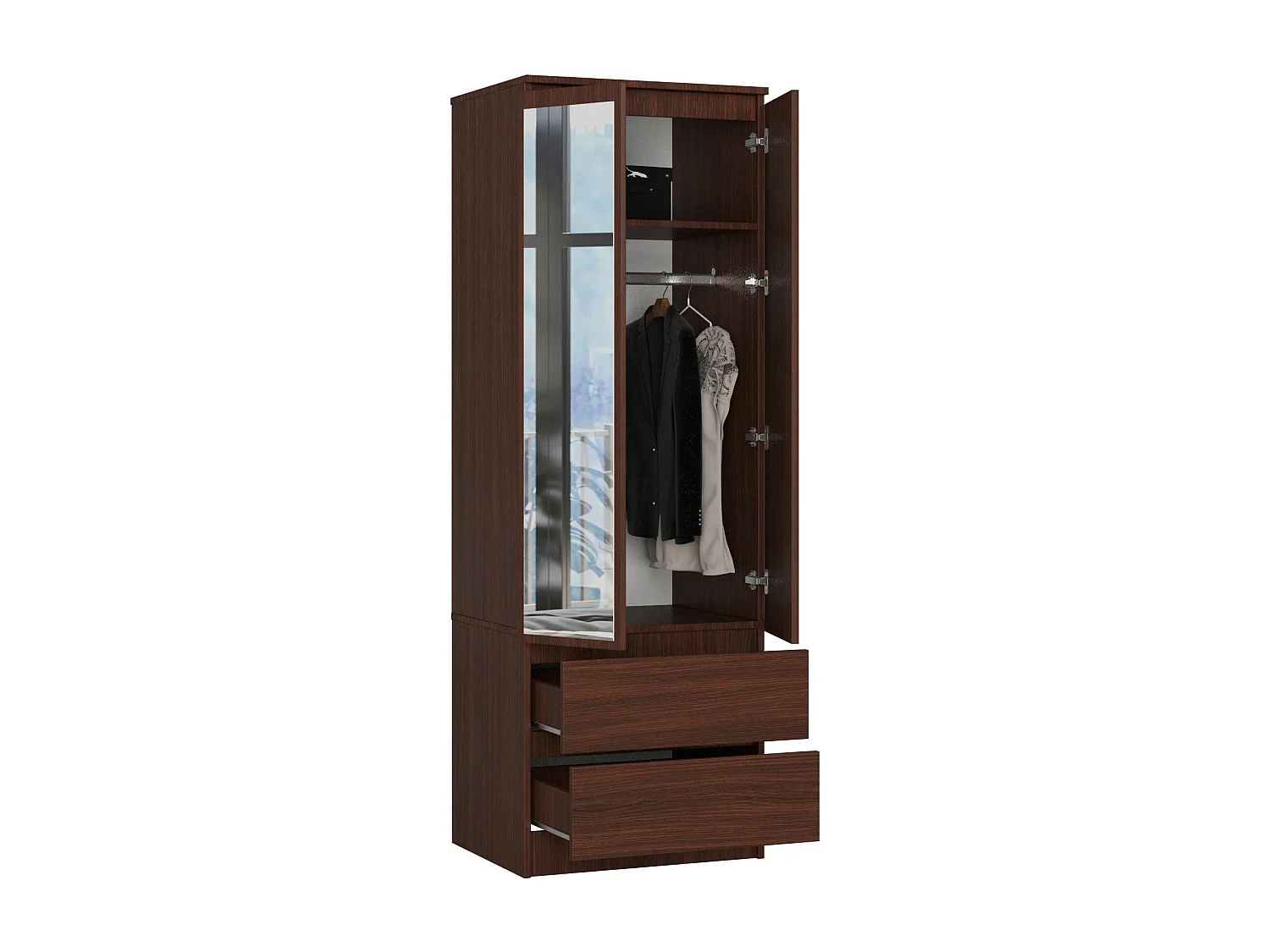 Armoire AKORD S60 avec miroir Wengé 60 cm 2 portes 2 tiroirs façade Wengé 1 étagère 60x51x180 cm